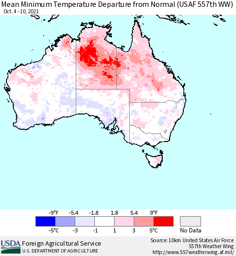 Australia Mean Minimum Temperature Departure from Normal (USAF 557th WW) Thematic Map For 10/4/2021 - 10/10/2021