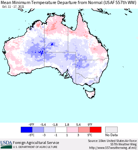 Australia Mean Minimum Temperature Departure from Normal (USAF 557th WW) Thematic Map For 10/11/2021 - 10/17/2021