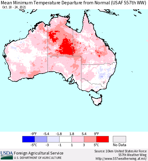 Australia Mean Minimum Temperature Departure from Normal (USAF 557th WW) Thematic Map For 10/18/2021 - 10/24/2021