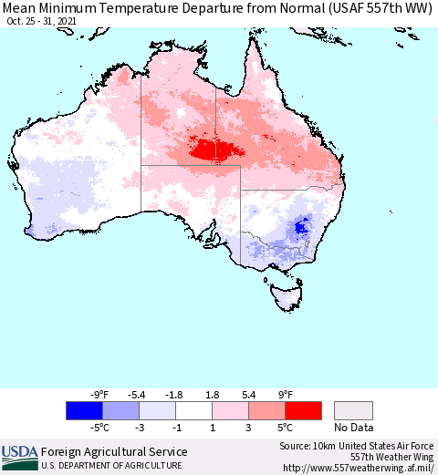 Australia Mean Minimum Temperature Departure from Normal (USAF 557th WW) Thematic Map For 10/25/2021 - 10/31/2021