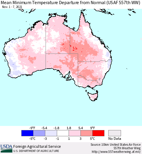 Australia Mean Minimum Temperature Departure from Normal (USAF 557th WW) Thematic Map For 11/1/2021 - 11/7/2021