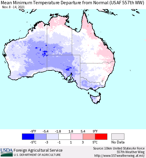 Australia Mean Minimum Temperature Departure from Normal (USAF 557th WW) Thematic Map For 11/8/2021 - 11/14/2021