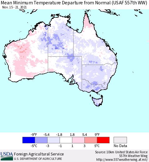 Australia Mean Minimum Temperature Departure from Normal (USAF 557th WW) Thematic Map For 11/15/2021 - 11/21/2021