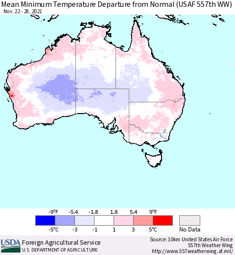 Australia Mean Minimum Temperature Departure from Normal (USAF 557th WW) Thematic Map For 11/22/2021 - 11/28/2021