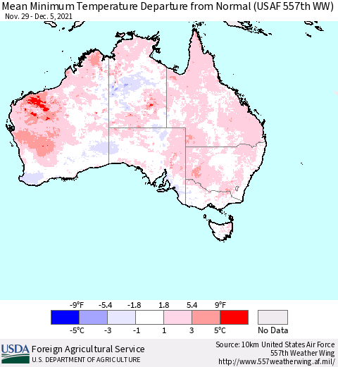 Australia Mean Minimum Temperature Departure from Normal (USAF 557th WW) Thematic Map For 11/29/2021 - 12/5/2021