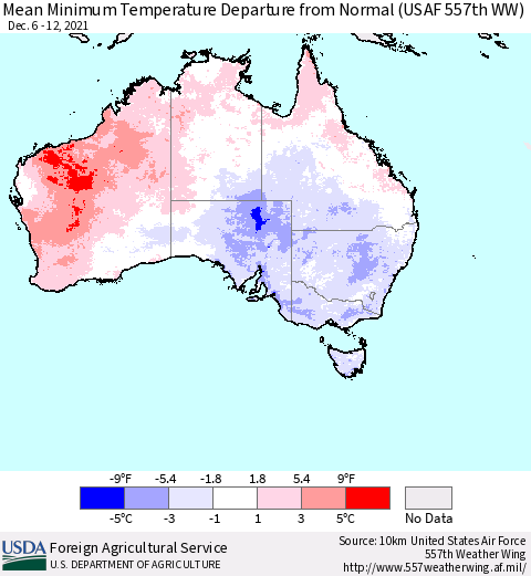 Australia Mean Minimum Temperature Departure from Normal (USAF 557th WW) Thematic Map For 12/6/2021 - 12/12/2021