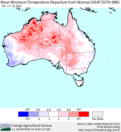 Australia Mean Minimum Temperature Departure from Normal (USAF 557th WW) Thematic Map For 12/13/2021 - 12/19/2021
