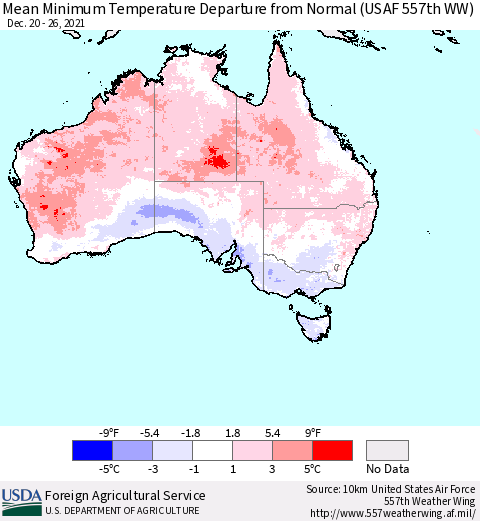 Australia Mean Minimum Temperature Departure from Normal (USAF 557th WW) Thematic Map For 12/20/2021 - 12/26/2021