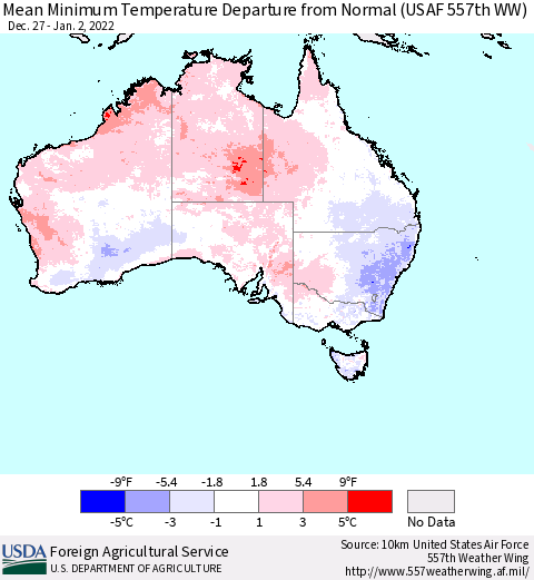 Australia Mean Minimum Temperature Departure from Normal (USAF 557th WW) Thematic Map For 12/27/2021 - 1/2/2022