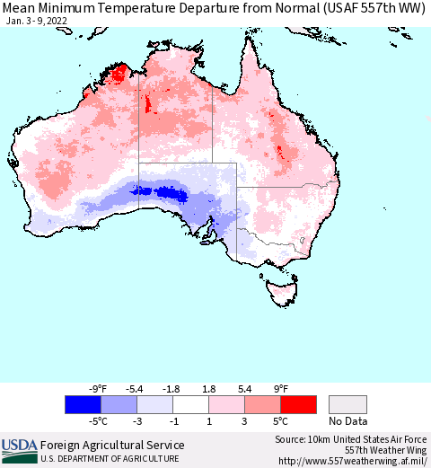 Australia Mean Minimum Temperature Departure from Normal (USAF 557th WW) Thematic Map For 1/3/2022 - 1/9/2022