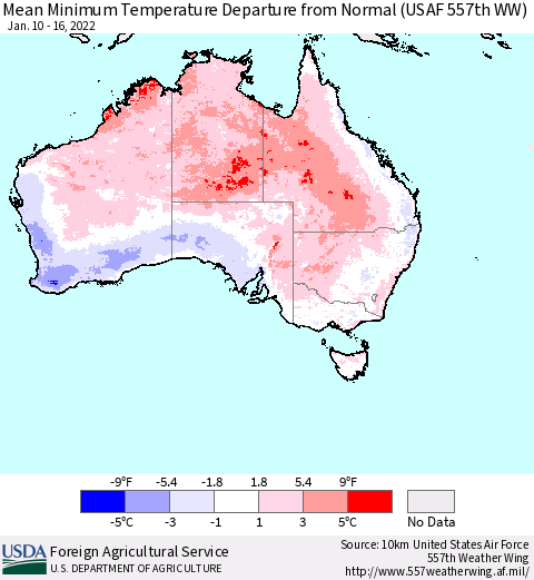 Australia Mean Minimum Temperature Departure from Normal (USAF 557th WW) Thematic Map For 1/10/2022 - 1/16/2022