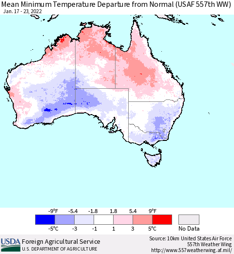 Australia Mean Minimum Temperature Departure from Normal (USAF 557th WW) Thematic Map For 1/17/2022 - 1/23/2022