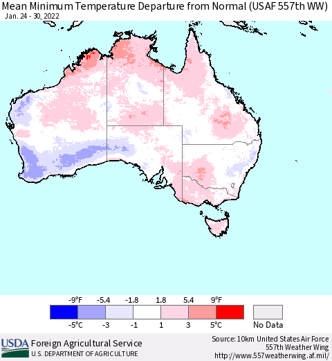 Australia Mean Minimum Temperature Departure from Normal (USAF 557th WW) Thematic Map For 1/24/2022 - 1/30/2022