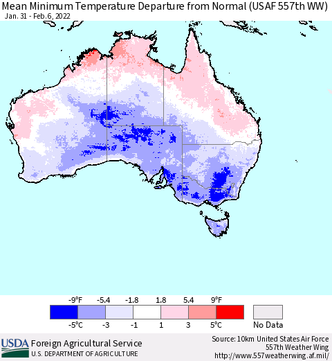 Australia Mean Minimum Temperature Departure from Normal (USAF 557th WW) Thematic Map For 1/31/2022 - 2/6/2022