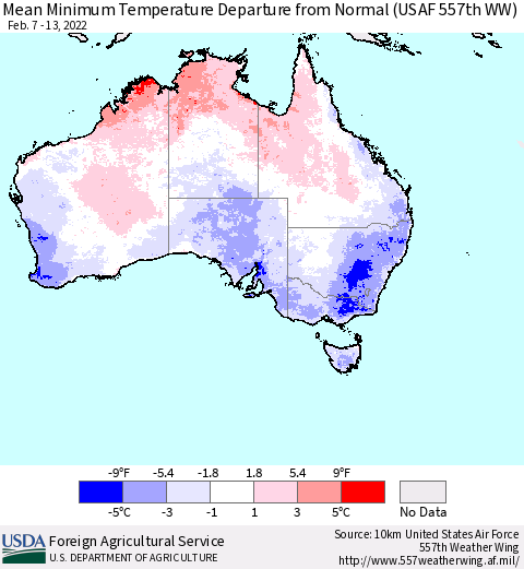 Australia Mean Minimum Temperature Departure from Normal (USAF 557th WW) Thematic Map For 2/7/2022 - 2/13/2022
