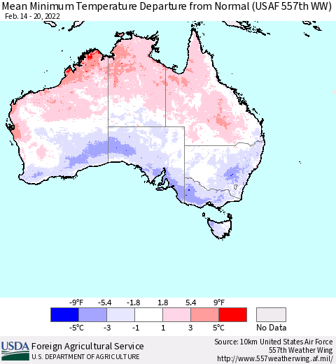 Australia Mean Minimum Temperature Departure from Normal (USAF 557th WW) Thematic Map For 2/14/2022 - 2/20/2022