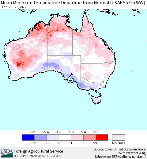 Australia Mean Minimum Temperature Departure from Normal (USAF 557th WW) Thematic Map For 2/21/2022 - 2/27/2022