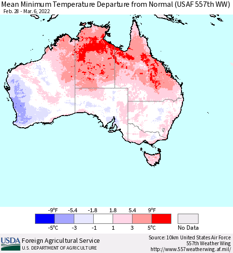 Australia Mean Minimum Temperature Departure from Normal (USAF 557th WW) Thematic Map For 2/28/2022 - 3/6/2022