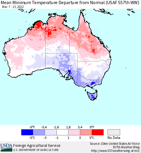 Australia Mean Minimum Temperature Departure from Normal (USAF 557th WW) Thematic Map For 3/7/2022 - 3/13/2022