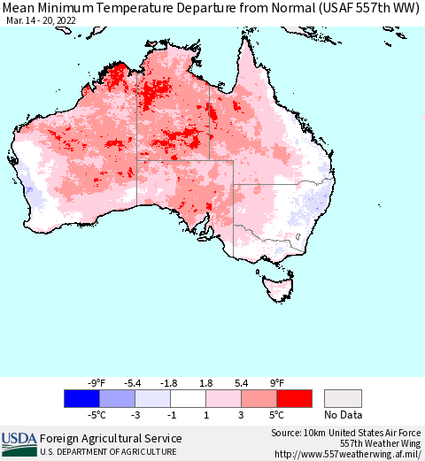 Australia Mean Minimum Temperature Departure from Normal (USAF 557th WW) Thematic Map For 3/14/2022 - 3/20/2022
