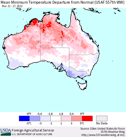 Australia Mean Minimum Temperature Departure from Normal (USAF 557th WW) Thematic Map For 3/21/2022 - 3/27/2022