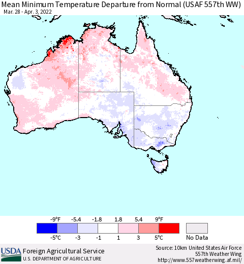 Australia Mean Minimum Temperature Departure from Normal (USAF 557th WW) Thematic Map For 3/28/2022 - 4/3/2022