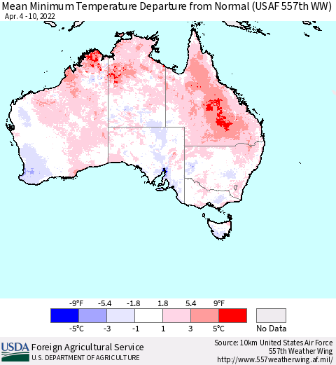 Australia Mean Minimum Temperature Departure from Normal (USAF 557th WW) Thematic Map For 4/4/2022 - 4/10/2022