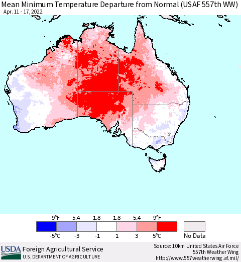 Australia Mean Minimum Temperature Departure from Normal (USAF 557th WW) Thematic Map For 4/11/2022 - 4/17/2022