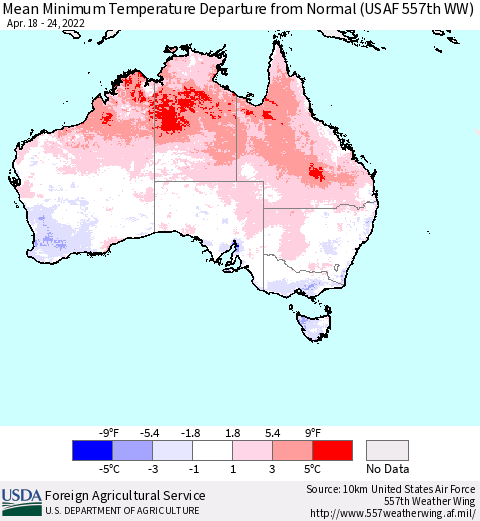 Australia Mean Minimum Temperature Departure from Normal (USAF 557th WW) Thematic Map For 4/18/2022 - 4/24/2022