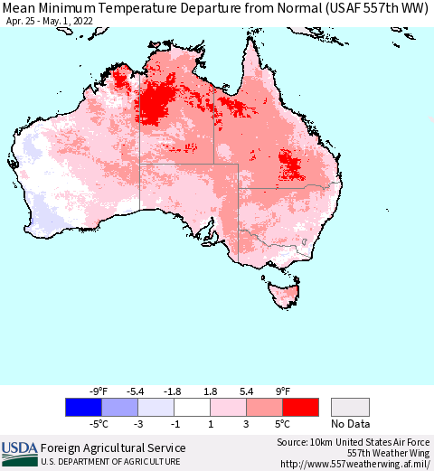 Australia Mean Minimum Temperature Departure from Normal (USAF 557th WW) Thematic Map For 4/25/2022 - 5/1/2022