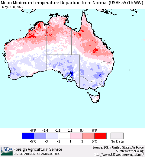 Australia Mean Minimum Temperature Departure from Normal (USAF 557th WW) Thematic Map For 5/2/2022 - 5/8/2022