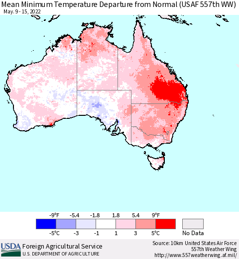 Australia Mean Minimum Temperature Departure from Normal (USAF 557th WW) Thematic Map For 5/9/2022 - 5/15/2022