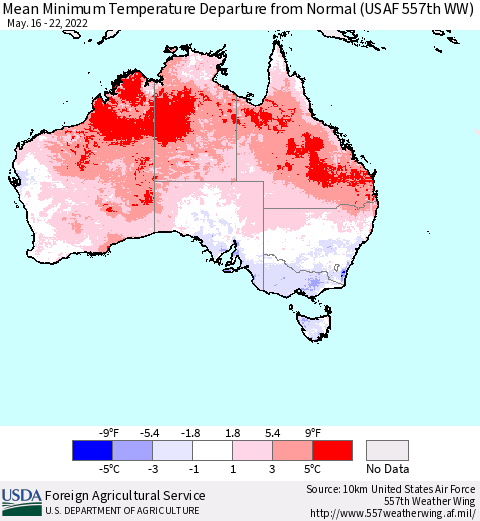 Australia Mean Minimum Temperature Departure from Normal (USAF 557th WW) Thematic Map For 5/16/2022 - 5/22/2022