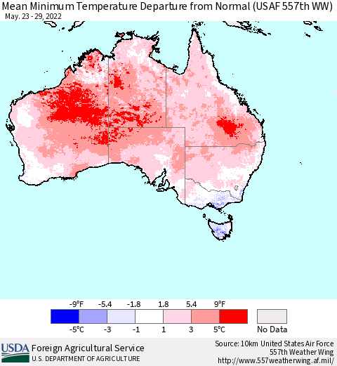 Australia Mean Minimum Temperature Departure from Normal (USAF 557th WW) Thematic Map For 5/23/2022 - 5/29/2022