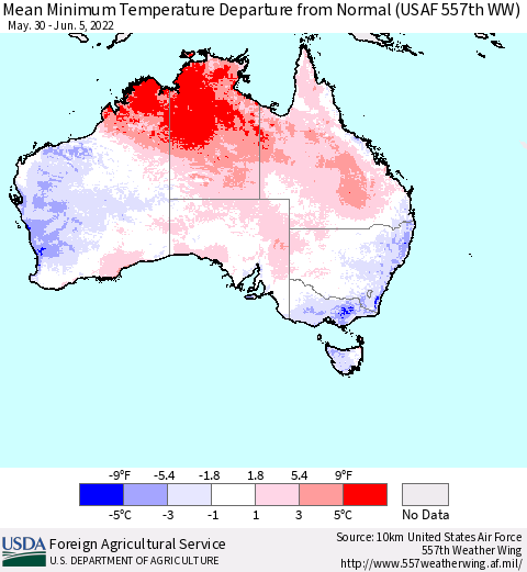 Australia Mean Minimum Temperature Departure from Normal (USAF 557th WW) Thematic Map For 5/30/2022 - 6/5/2022