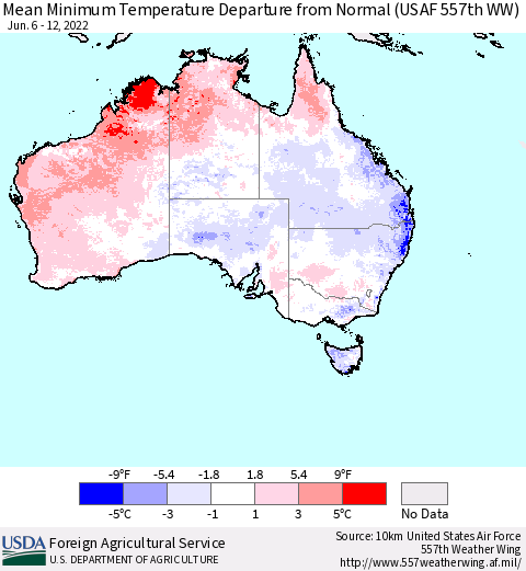 Australia Mean Minimum Temperature Departure from Normal (USAF 557th WW) Thematic Map For 6/6/2022 - 6/12/2022