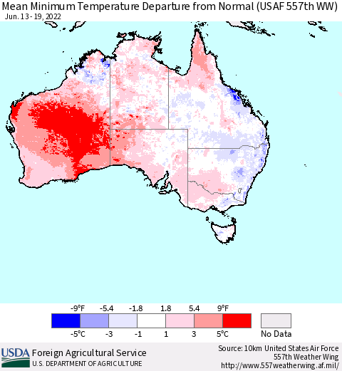 Australia Mean Minimum Temperature Departure from Normal (USAF 557th WW) Thematic Map For 6/13/2022 - 6/19/2022