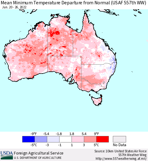 Australia Mean Minimum Temperature Departure from Normal (USAF 557th WW) Thematic Map For 6/20/2022 - 6/26/2022