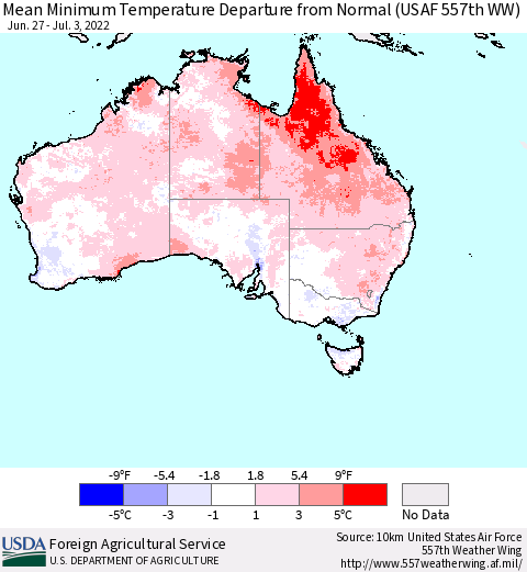 Australia Mean Minimum Temperature Departure from Normal (USAF 557th WW) Thematic Map For 6/27/2022 - 7/3/2022