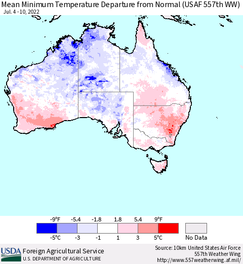 Australia Mean Minimum Temperature Departure from Normal (USAF 557th WW) Thematic Map For 7/4/2022 - 7/10/2022