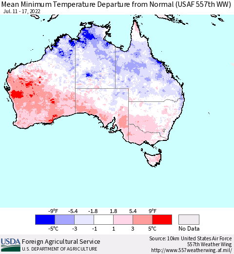 Australia Mean Minimum Temperature Departure from Normal (USAF 557th WW) Thematic Map For 7/11/2022 - 7/17/2022