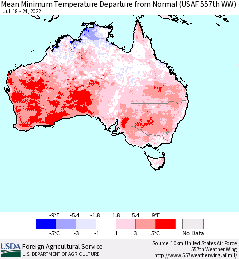 Australia Mean Minimum Temperature Departure from Normal (USAF 557th WW) Thematic Map For 7/18/2022 - 7/24/2022