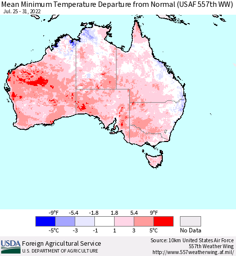Australia Mean Minimum Temperature Departure from Normal (USAF 557th WW) Thematic Map For 7/25/2022 - 7/31/2022