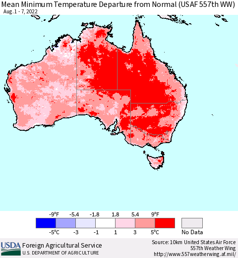 Australia Mean Minimum Temperature Departure from Normal (USAF 557th WW) Thematic Map For 8/1/2022 - 8/7/2022