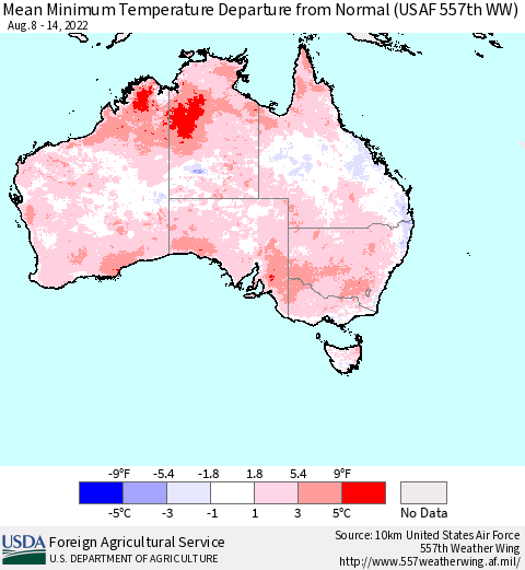 Australia Mean Minimum Temperature Departure from Normal (USAF 557th WW) Thematic Map For 8/8/2022 - 8/14/2022