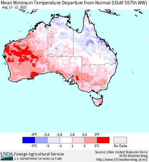 Australia Mean Minimum Temperature Departure from Normal (USAF 557th WW) Thematic Map For 8/15/2022 - 8/21/2022