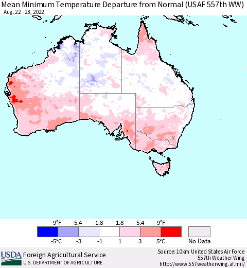 Australia Mean Minimum Temperature Departure from Normal (USAF 557th WW) Thematic Map For 8/22/2022 - 8/28/2022