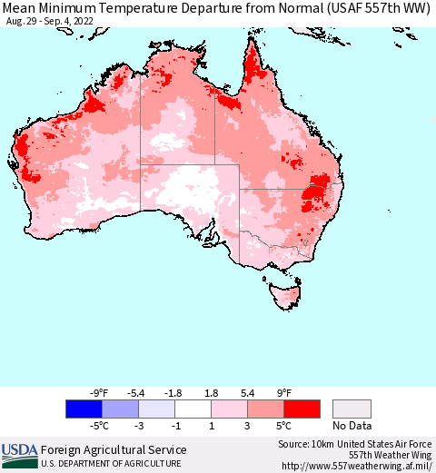 Australia Mean Minimum Temperature Departure from Normal (USAF 557th WW) Thematic Map For 8/29/2022 - 9/4/2022