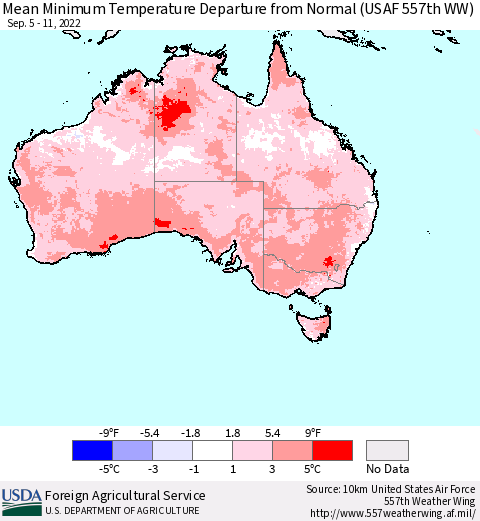 Australia Mean Minimum Temperature Departure from Normal (USAF 557th WW) Thematic Map For 9/5/2022 - 9/11/2022