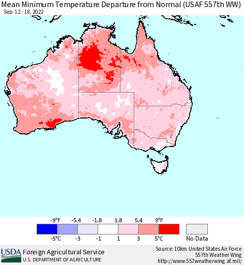 Australia Mean Minimum Temperature Departure from Normal (USAF 557th WW) Thematic Map For 9/12/2022 - 9/18/2022